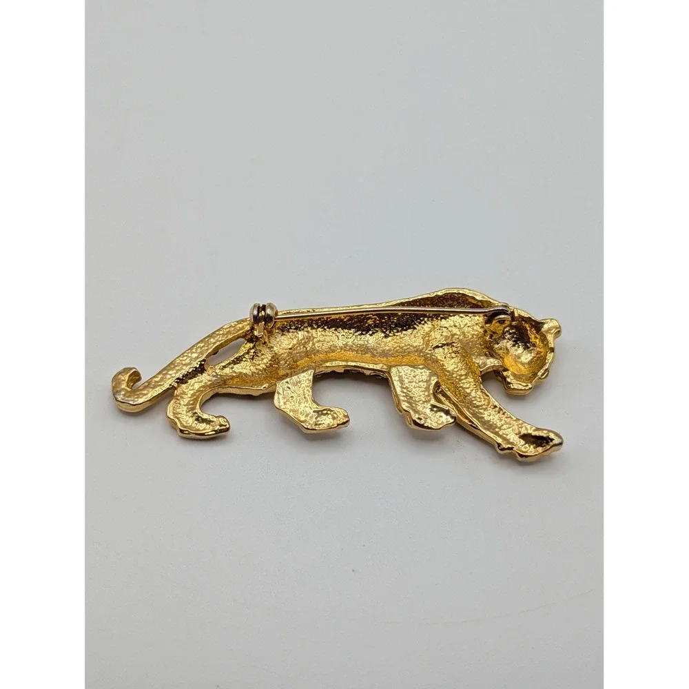 Vintage Tiger Panther Brooch Pin Gold Tone Black Enamel Amber Rhinestone Big Cat